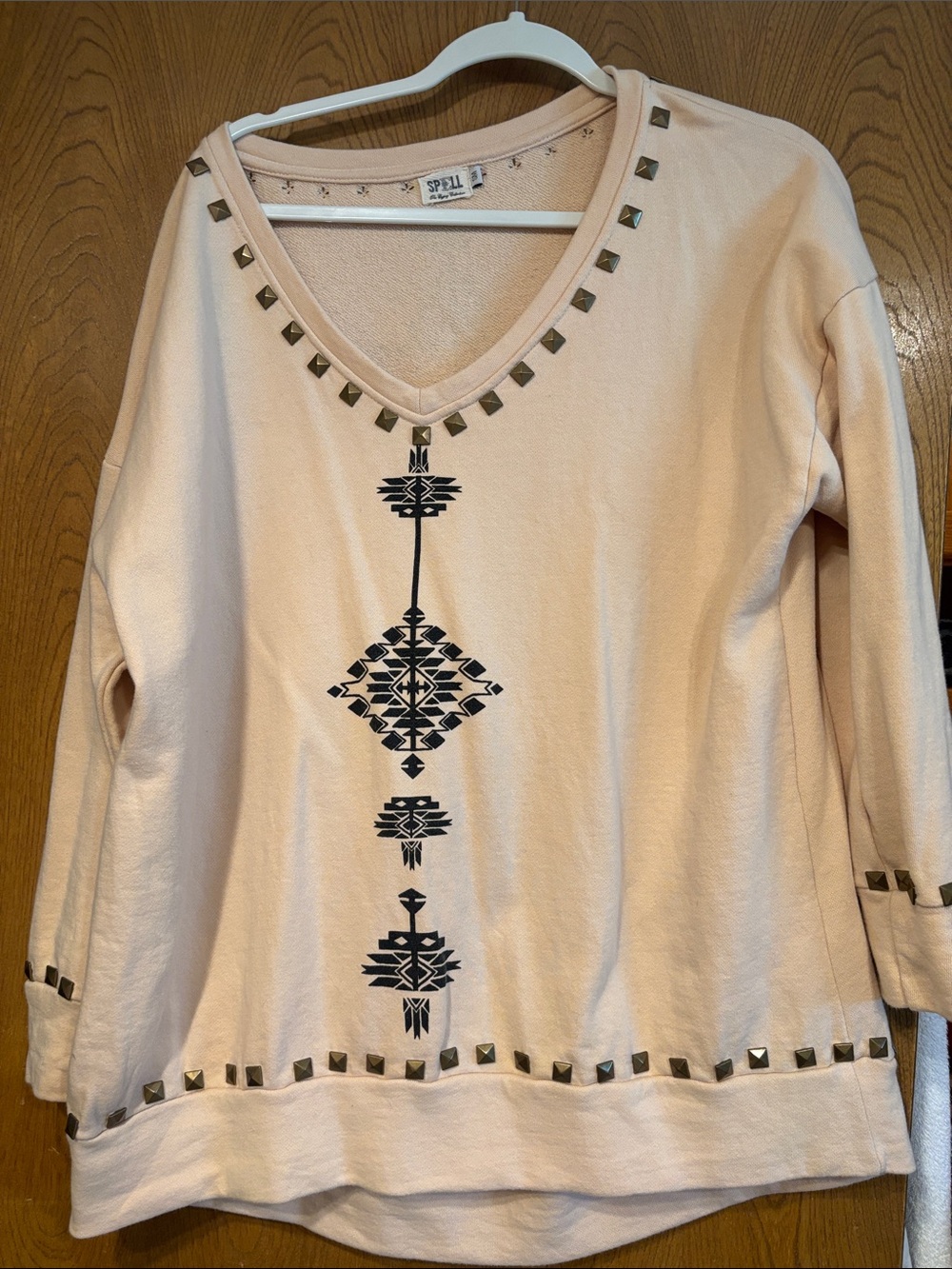 Spell Studded V-Neck Tribal Print Sweatshirt